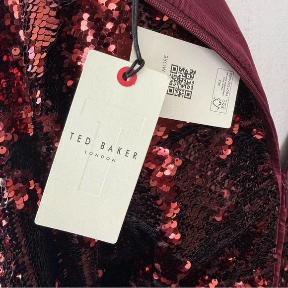 NWT TED BAKER $495 Emmalee Burgundy Sequin Midi Dress Plunge Neck Glam Party
